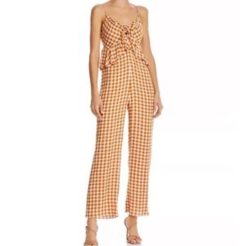 SAYLOR Laken Gingham Checkered Ruffled Jumpsuit Apricot Tan Sz XS